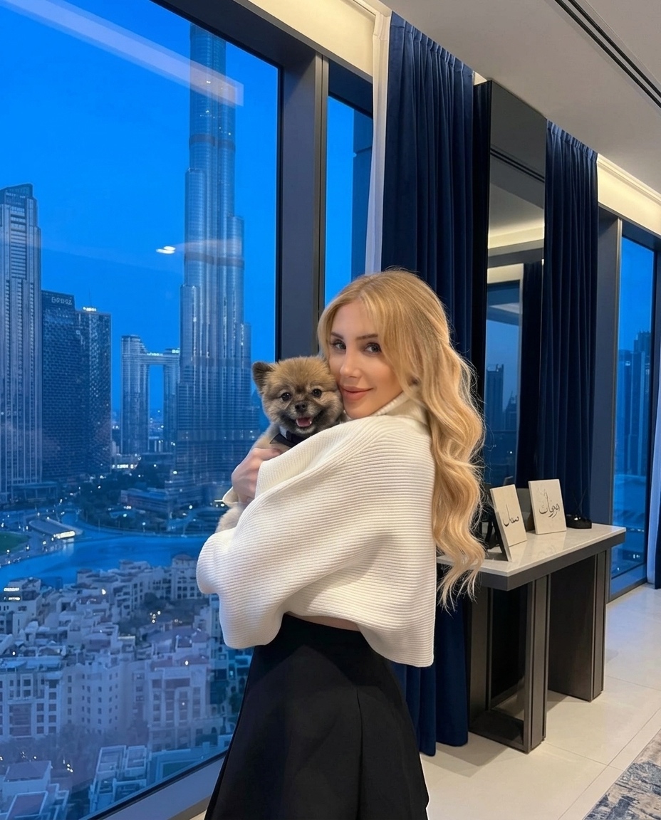 Furs Class Travel founder Kristey holding her Pomeranian Kio in downtown Dubai after their UK to UAE travel